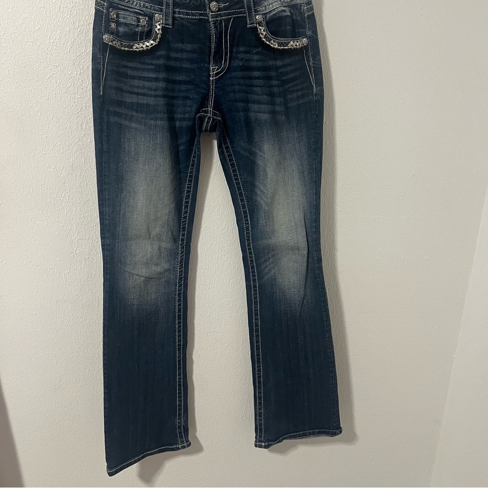 Miss Me Denim Size 31 Signature Boot Blue Stretch Distressed Thick Stitch Jeans